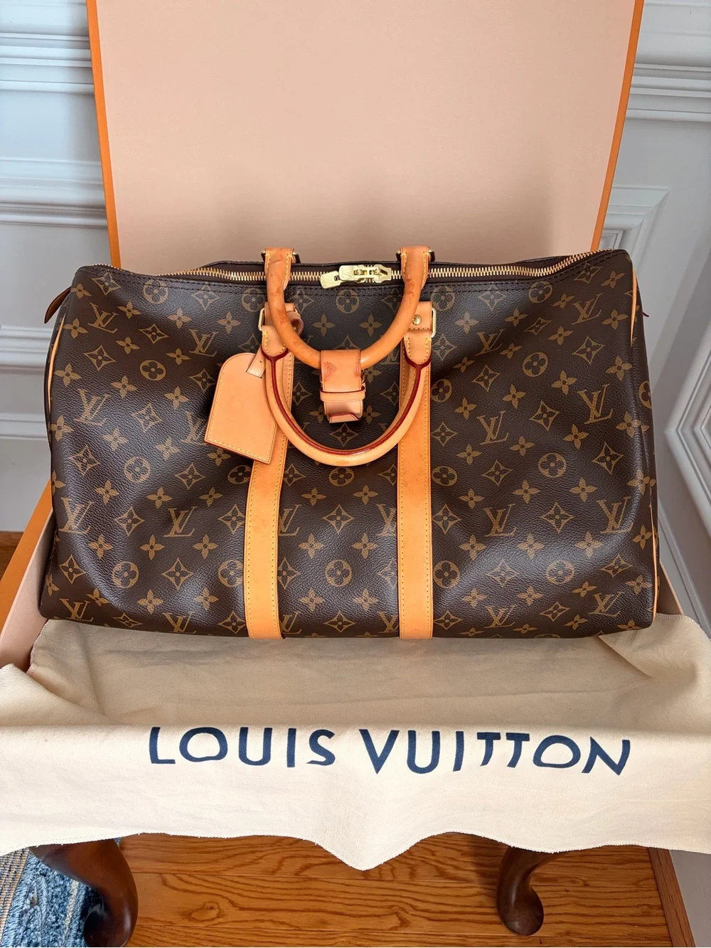 Louis Vuitton Brown Monogram Keepall 55 Travel Bag with Tan Leather